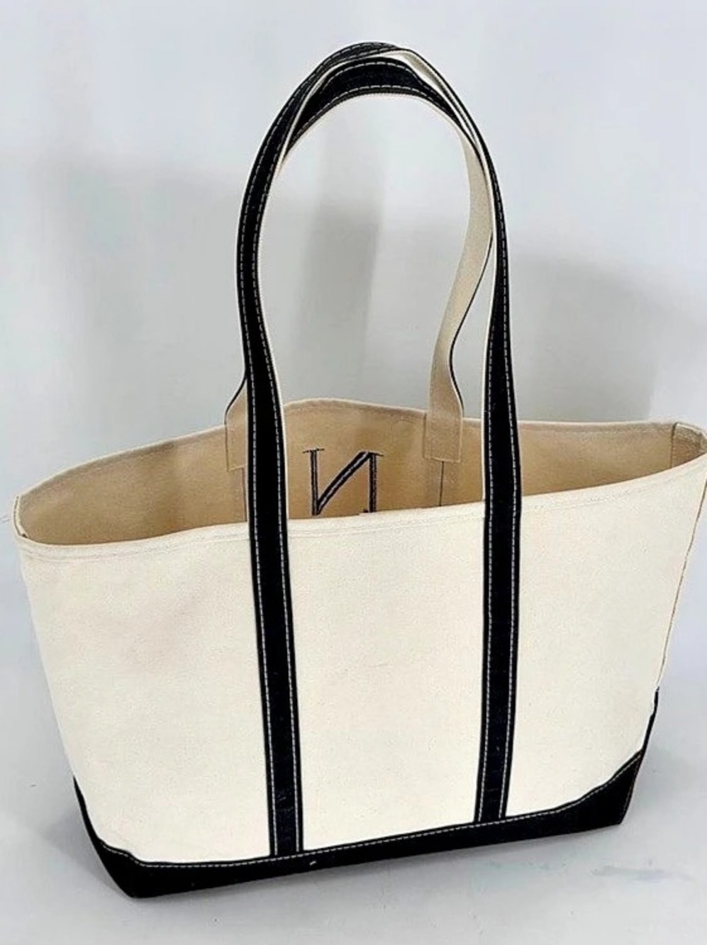 L.L.Bean Boat and Tote, Open-Top Long Handle Embroidered Tote White & Brown